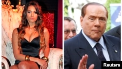 FILE - A combination photo shows Karima el- Mahroug of Morocco at the Karma disco in Milan, Nov. 14, 2010, and Italy's former PM Silvio Berlusconi in Brussels, Belgium, June 28, 2012. 