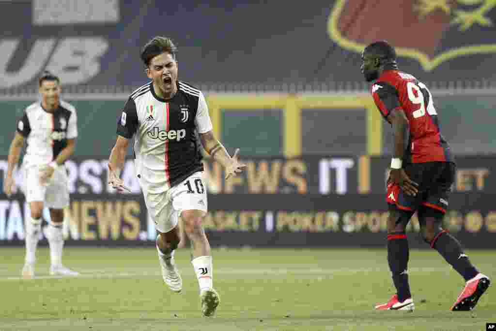 Paulo Dybala, Juventus, Forward - Second Striker Dybala tested positive for COVID-19 in the midst of its global epidemic in Italy. Dybala started training again in late March after recovering from the illness. Photo: Juventus&#39; Paulo Dybala celebrates after scoring a goal during an Italian Serie A soccer match between Genoa and Juventus at the Luigi Ferraris stadium in Genoa, Italy, Tuesday, June 30, 2020. (Tano Pecoraro/LaPresse via AP)