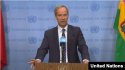 올로프 스쿠그 유엔주재 스웨덴 대사가 21일 북한을 주제로 열린 유엔 안보리 회의가 끝난 뒤 기자회견을 했다.
