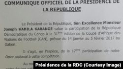 Communiqué officiel de la présidence de la RDC, 14 janvier 2017.