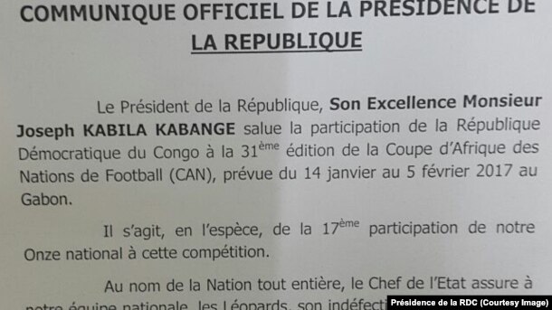 Communiqué officiel de la présidence de la RDC, 14 janvier 2017.