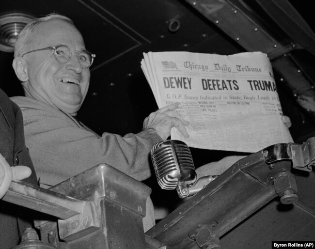 The Washington Post wasn't the only newspaper that had to eat crow. Here, Truman U.S. President Harry S. Truman holds up an Election Day edition of the Chicago Daily Tribune, Nov. 1948.