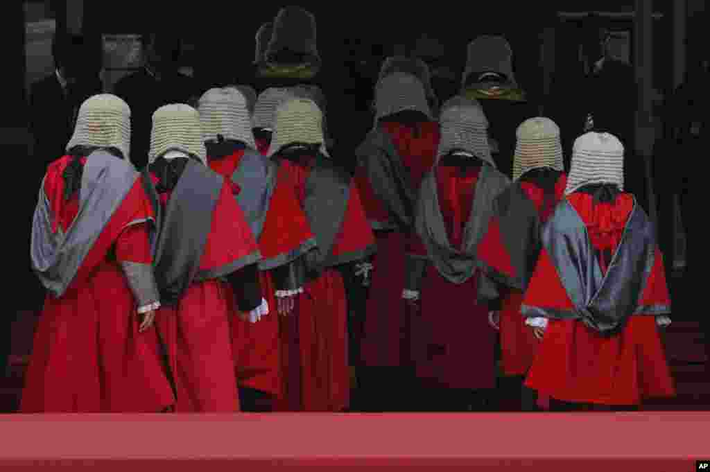 Judges in wigs and robes during the opening ceremony of the legal year at City Hall in Hong Kong.