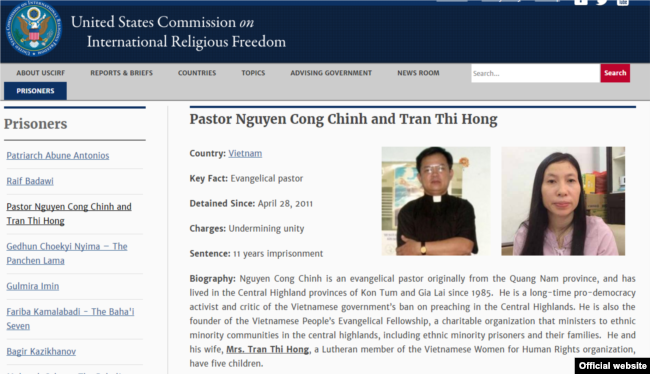 Hồ sơ của Mục sư Nguyễn Công Chính và bà Trần Thị Hồng được lưu chép trên trang web của Ủy hội Hoa Kỳ về Tự do Tôn giáo Quốc tế