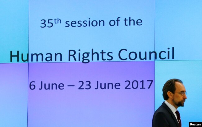 United Nations High Commissioner for Human Rights Zeid Ra'ad Al Hussein attends the Human Rights Council in Geneva, Switzerland, June 6, 2017.