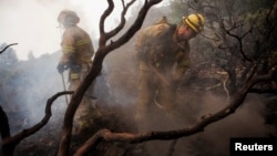 Firefighters battle a blaze at Yosemite National Park, California, August 24, 2013.