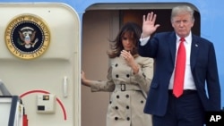 U.S. President Donald Trump and First Lady Melania Trump arrive on Air Force One at Melsbroek Military airport in Melsbroek, Belgium, July 10, 2018.