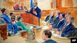 FILE - Courtroom sketch depicts Paul Manafort, seated right row second from right, together with his lawyers, the jury, seated left, listening to Assistant U.S. Attorney Uzo Asonye, standing, during opening arguments in the trial of President Donald Trump's former campaign chairman Manafort's on tax evasion and bank fraud charges.