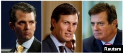 FILE - Donald Trump Jr. from July 11, 2017, Jared Kushner from June 6, 2017, and Paul Manafort from Aug. 17, 2016, are seen in a combination photo.