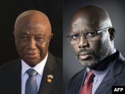 This combination of pictures created Oct. 16, 2017 shows, at left, Liberia's Vice President Joseph Boakai on Aug. 5, 2014, and former football player and candidate in Liberia's presidential elections, George Weah, Sept. 25, 2017.