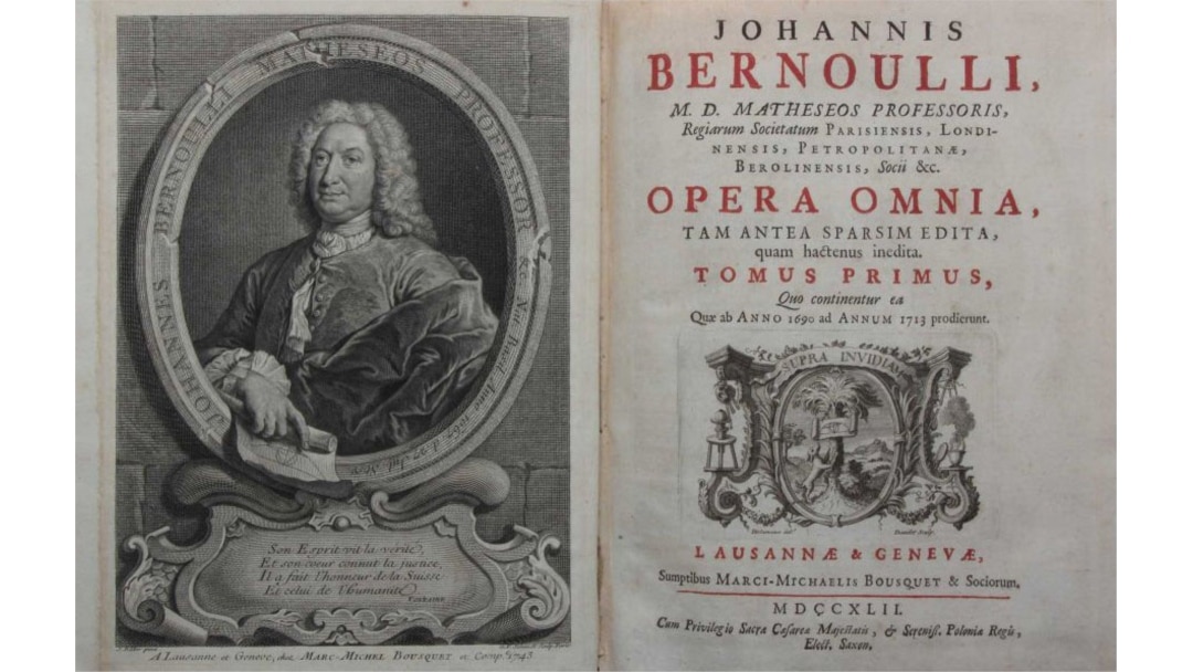 Chân dung Johann Bernoulli bên trong bìa sách tổng hợp các bài viết của ông.