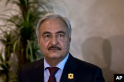 FILE - Gen. Khalifa Hifter, military chief of Libya's internationally recognized government, shown in Amman, Jordan, Aug. 24, 2015.