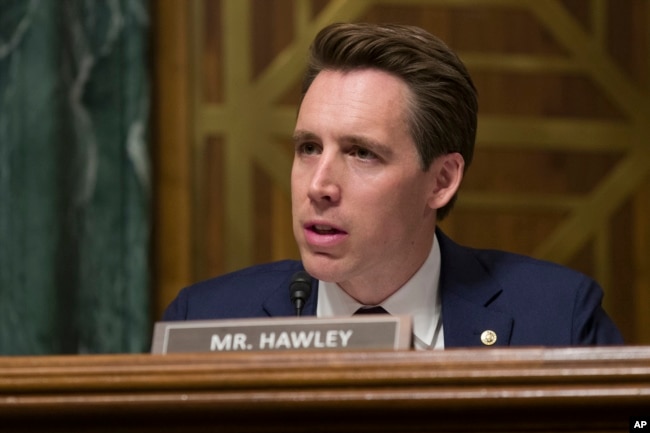 FILE - Sen. Josh Hawley, R-Mo., speaks during a hearing of a Senate Judiciary Committee in Washington, March 6, 2019.