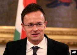 FILE - Hungary's Foreign Minister Peter Szijjarto speaks during a press conference in Vienna, Austria, Nov. 7, 2018.