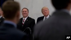 El presidente Donald Trump, acompañado por el director designado de la CIA, Mike Pompeo. Trump ha prometido que en 90 días desde su investidura, su equipo presentará un "informe completo" sobre ciberataques y filtraciones.