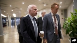 Sen. John McCain, R-Ariz., chairman of the Senate Armed Services Committee, arrives for a closed-door briefing on the situation in Niger where four U.S. soldiers were killed in an ambush earlier this month, on Capitol Hill in Washington, Oct. 26, 2017.