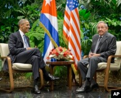 FILE - President Barack Obama meets with Cuban President Raul Castro at the Palace of the Revolution, Monday, March 21, 2016 in Havana, Cuba.