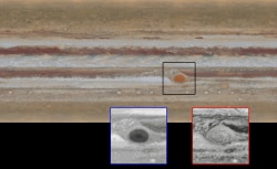 The movement of Jupiter’s clouds can be seen by comparing the first map to the second one. Zooming in on the Great Red Spot at blue (left) and red (right) wavelengths reveals a unique filamentary feature not previously seen.