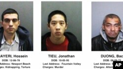This image provided by the Orange County, Calif., Sheriff's Department on Saturday, Jan. 23, 2016, shows three jail inmates charged with violent crimes who escaped from the Central Men's Jail in Santa Ana, California.