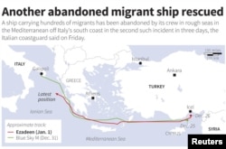 A map showing the tracks of two migrant ships carrying hundreds of people that were rescued by Italy in late December 2014.