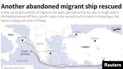 A map showing the tracks of two migrant ships carrying hundreds of people that were rescued by Italy in late December 2014.