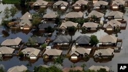 Homes are surrounded by water from the flooded Brazos River in the aftermath of Hurricane Harvey, in Freeport, Texas, Sept. 1, 2017.