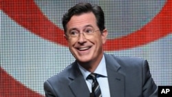 FILE - Stephen Colbert participates in the "The Late Show with Stephen Colbert" segment of the CBS Summer TCA Tour in Beverly Hills, California, Aug. 10, 2015.