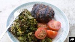 Grilled Kale with tomatoes and burger