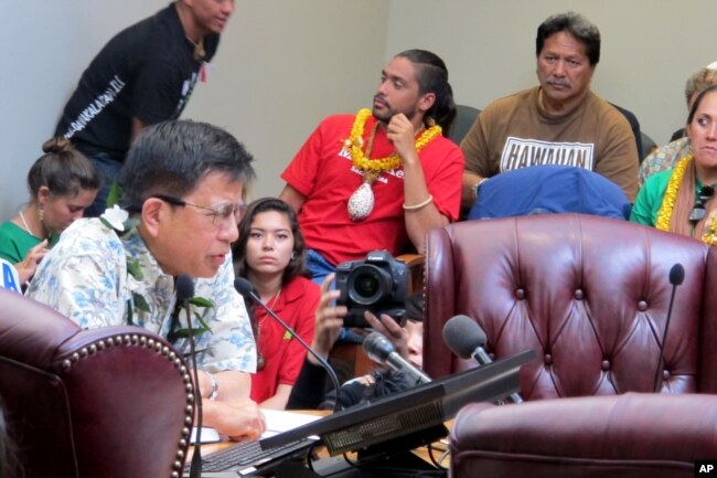 In this file photo, University of Hawaii law professor Williamson Chang, front left, testifies against the Thirty Meter Telescope project during an Office of Hawaiian Affairs meeting in Honolulu on April 4, 2015, as Lanakila Mangauil, background center, l