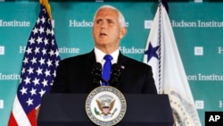 Vice President Mike Pence speaks Oct. 4, 2018, at the Hudson Institute in Washington. Pence said China was using its power in "more proactive and coercive ways to interfere in the domestic policies and politics of the United States."