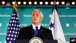 Vice President Mike Pence speaks, Oct. 4, 2018, at the Hudson Institute in Washington. 