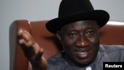 Nigeria's President Goodluck Jonathan speaks during an interview with Reuters in New York, September 26, 2012. 