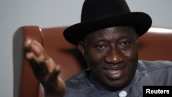 Nigeria's President Goodluck Jonathan speaks during an interview with Reuters in New York, September 26, 2012. 