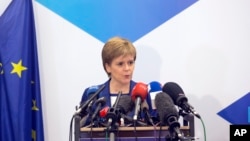 FILE - Scotland's First Minister Nicola Sturgeon speaks at the Scotland House in Brussels, Belgium, June 29, 2016. 