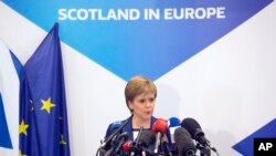 FILE - Scotland's First Minister Nicola Sturgeon speaks during a media conference at the Scotland House in Brussels, Belgium, June 29, 2016. 