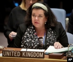 FILE - United Kingdom Ambassador Karen Pierce address a meeting of the United Nations Security Council at U.N. headquarters, Oct. 23, 2018.
