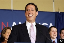 បេក្ខជន​ប្រធានាធិបតី​ខាង​គណបក្ស​សាធារណរដ្ឋ​ Rick Santorum ថ្លែង​ក្នុង​អំឡុងពេលបាន​ទទួល​ជ័យ​ជំនះ​នៅ​ក្នុង​ការ​បោះឆ្នោតនៅ​រដ្ឋ​ Louisiana ថ្ងៃ​ទី​២៣ ខែ​មិនា​ ឆ្នាំ​២០១២។