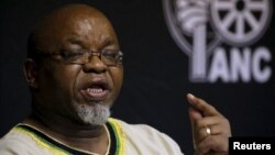 FILE - African National Congress Secretary General Gwede Mantashe is seen speaking to the media in Pretoria, South Africa, March 20, 2016. Mantashe, too, has alleged the U.S. is pushing regime change in South Africa.
