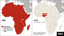 Map of Africa showing occurrence of polio in 1988 and 2012