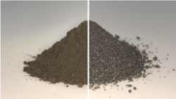 On the left side of this before and after image is a pile of simulated lunar soil, or regolith; on the right is the same pile after essentially all the oxygen has been extracted from it, leaving a mixture of metal alloys. Both the oxygen and metal could b