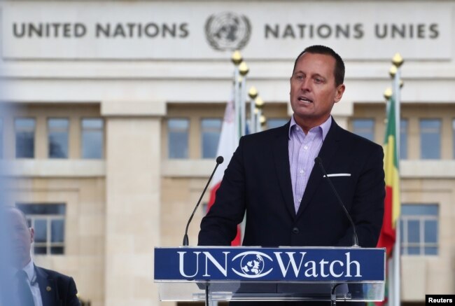 Richard Grenell, U.S. Ambassador to Germany, addresses a rally for equal rights at the U.N. in Geneva, Switzerland, March 18, 2019.