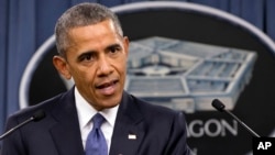 President Barack Obama speaks to the media after receiving an update from military leaders on the campaign against the Islamic State, during a rare visit to the Pentagon, July 6, 2015. 