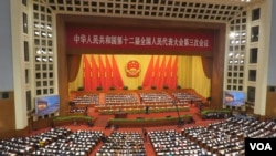 中国第十二届全国人民代表大会第三次会议3月5日在北京人民大会堂开幕，图为大会现场。（美国之音东方拍摄）