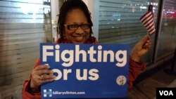 New Yorker Pamela Hamilton attended tonight's Hillary Clinton primary night party and voted for her earlier today in the NY primary, April 19, 2016. (T. Trinh/VOA)