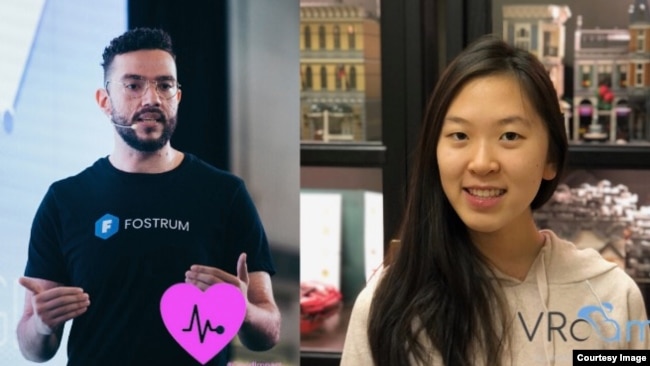 Shown are two winners of the CodeTheCurve hackathon challenge. From left, Ali Serag, leader of the COVIDImpact team, and Christy Xie, from team VRoam. (Photos: CodeTheCurve/Facebook)