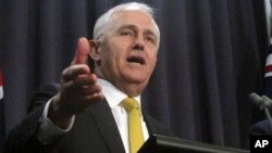 Australian Prime Minister Malcolm Turnbull speaks to the press at Parliament House in Canberra, Aug. 8, 2017. Turnbull says Parliament could legalize gay marriage this year if the nation’s voters endorse it in a rare but nonbinding poll in November. 