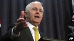 Australian Prime Minister Malcolm Turnbull speaks to the press at Parliament House in Canberra, Aug. 8, 2017.