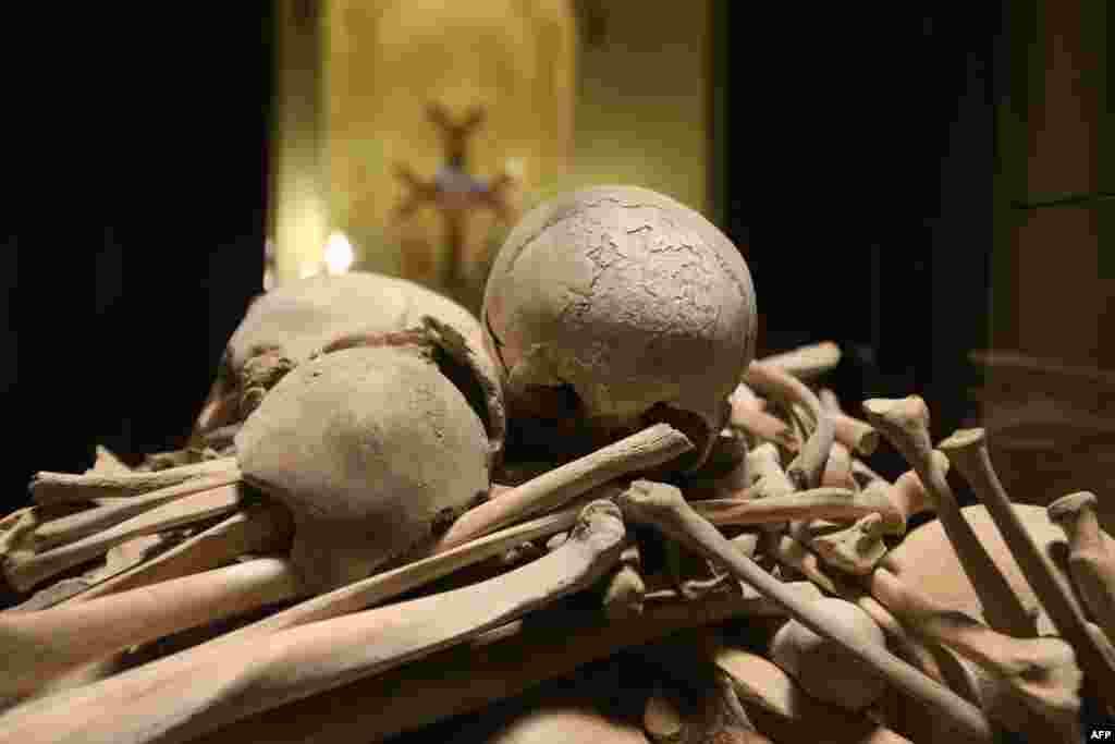 The remains of Armenians are seen at the Armenian Martyrs memorial at the Saint Stephano church on the eve of the 100-year anniversary of the Armenians massacred by Ottoman forces a century ago, in the Armenian Orthodox Archdeocese of Antelias, north of Beirut, Lebanon, April 23, 2015.