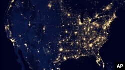 This NASA image, assembled from data acquired by satellite between April and October 2012, shows the United States at night time.