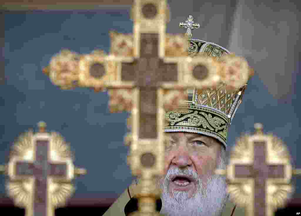 The head of the Russian Orthodox Church Patriarch Kirill speaks during a religious service in Bucharest, Romania.